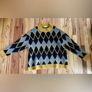 Men's Argyle Crewneck Made in Italy Sweater - Mustard, Gray and Black - Medium